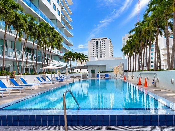 Outdoor swimming pool featuring a tiled waterline, metal handrails, and a paved deck surrounded by palm trees and concrete privacy walls