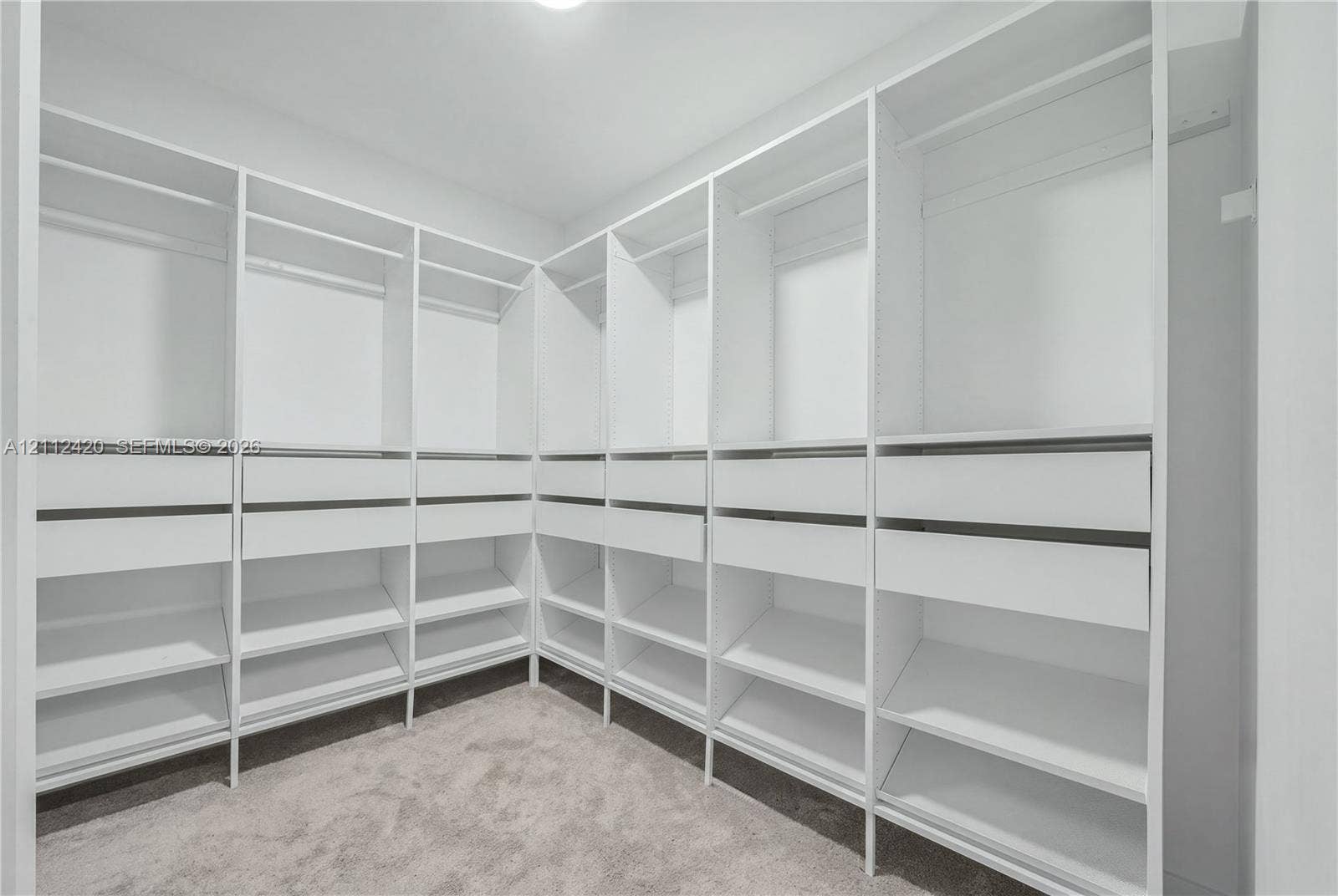 10054 NW 76th Terrace, Doral, FL 33178 Walk-in closet featuring white built-in shelving, integrated hanging rods, and multi-level drawer storage with wall-to-wall carpeting