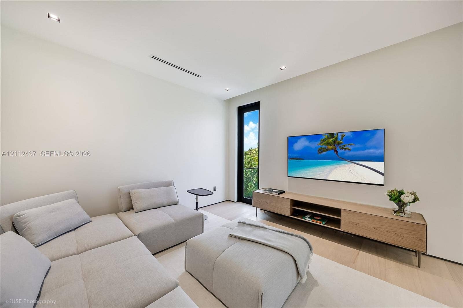 770 Lake Road, Miami, FL 33137 Minimalist interior space featuring recessed ceiling lighting, wood-finish flooring, a tall narrow glass door with a black frame, and a wall-mounted wood-finish media console