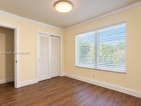 Interior room featuring wood-finish flooring, crown molding, louvered closet doors, and a large window with fitted blinds