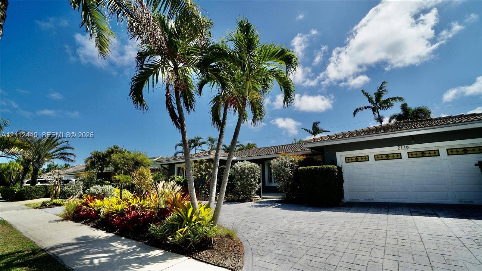 Exterior facade featuring a paved driveway, decorative garage door with window inserts, and mature palm trees surrounded by ornamental landscaping