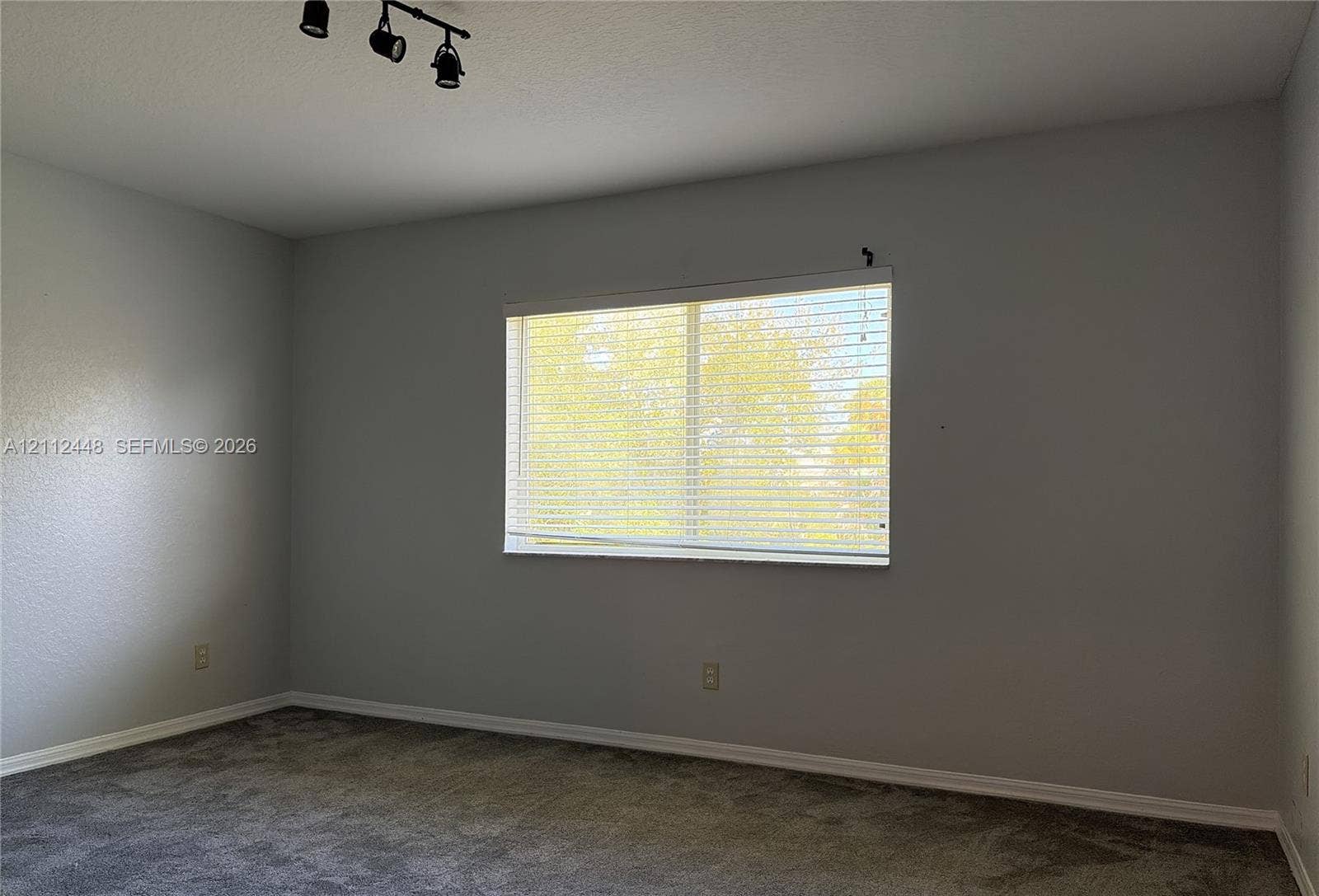 2007 SW Marblehead Way, Port St Lucie, FL 34953 Neutral-toned walls, wall-to-wall carpet, single-pane window with horizontal blinds, and three-bulb adjustable track lighting