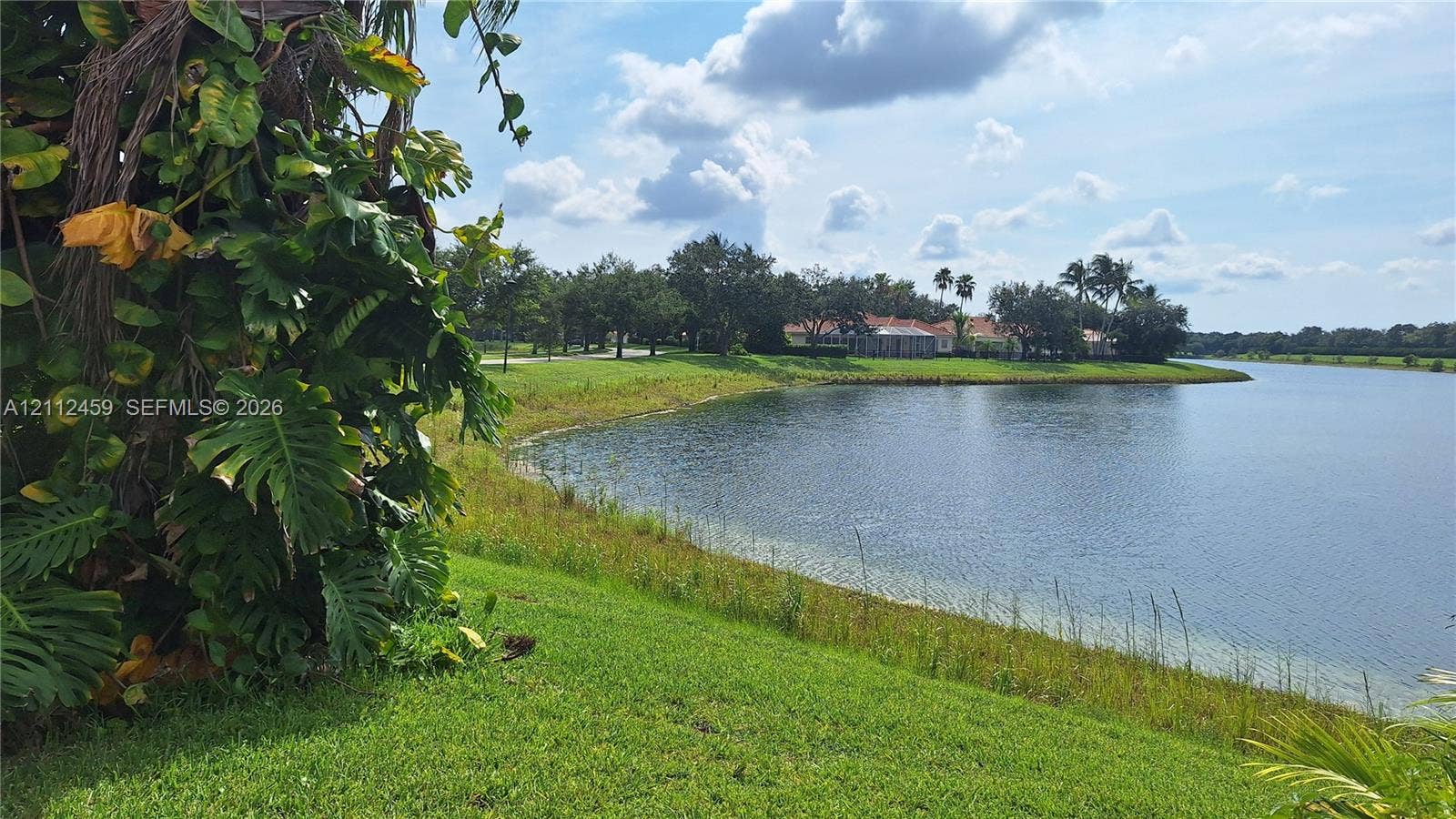 Waterfront property featuring a lake, expansive lawn, and mature trees