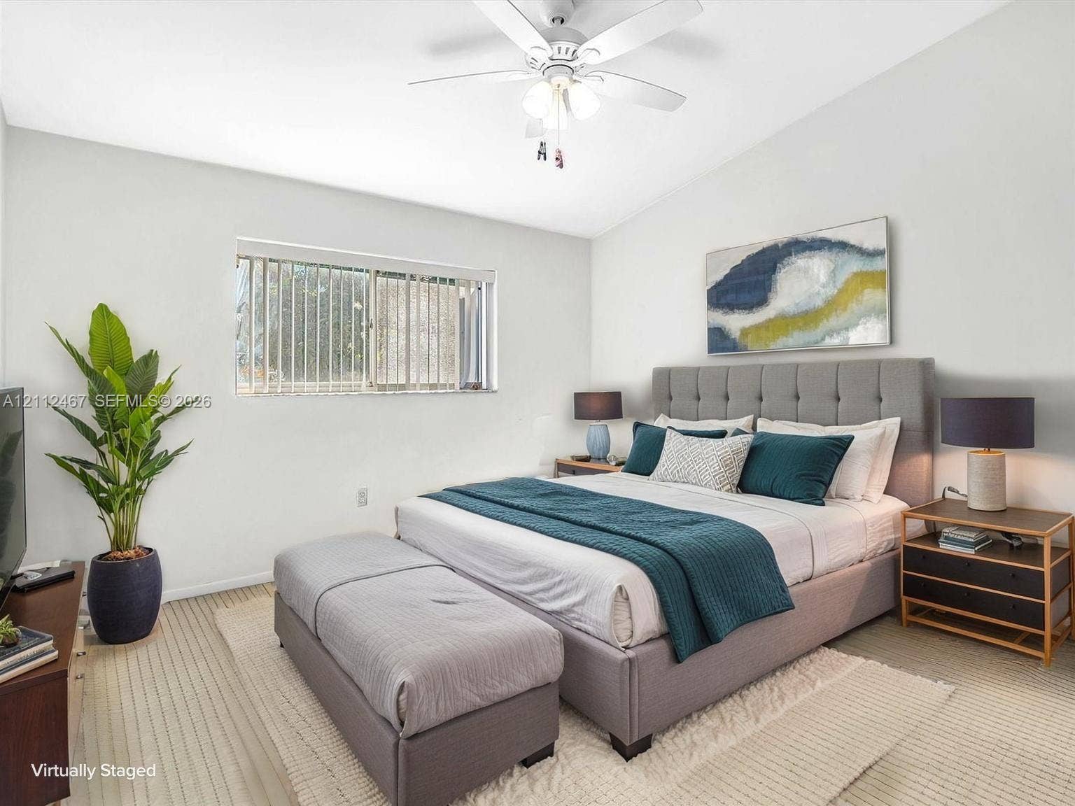 250 NE 212th Street, Miami, Miami, FL 33179 Bedroom featuring a vaulted ceiling, ceiling fan with integrated lighting, neutral wall-to-wall carpeting, and a large horizontal sliding window