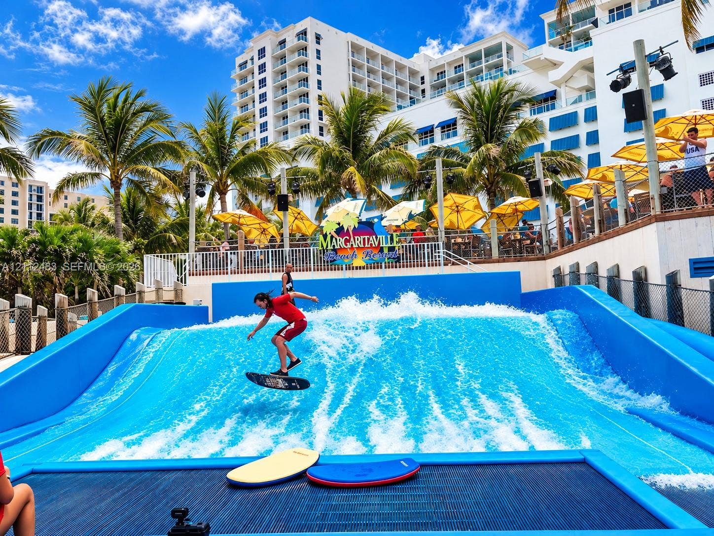 3505 S Ocean Drive, #1101, Hollywood, FL 33019 Surfing wave simulator featuring a high-pressure water system, tiered spectator decking, and perimeter security fencing