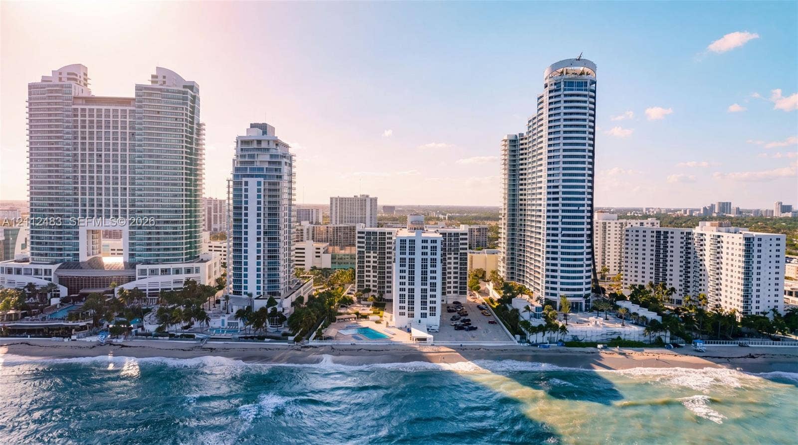 3505 S Ocean Drive, #1101, Hollywood, FL 33019 High-rise residential towers featuring direct oceanfront positioning, expansive coastal exposure, and private outdoor swimming pools