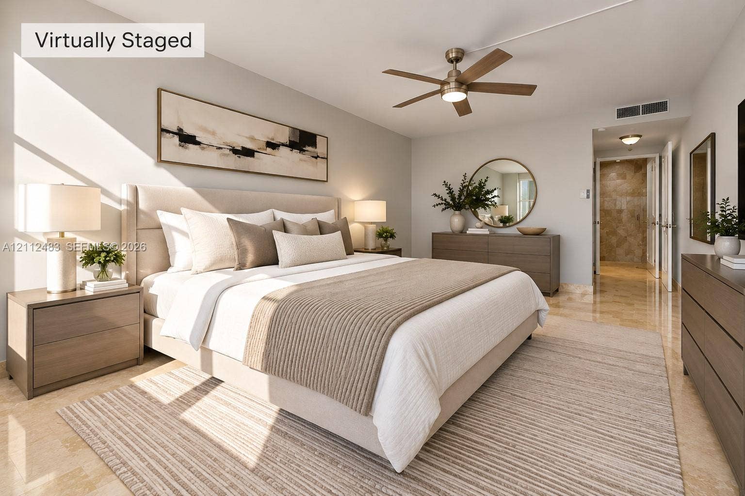 3505 S Ocean Drive, #1101, Hollywood, FL 33019 Polished stone flooring, brushed nickel ceiling fan with integrated lighting, and neutral wall tones