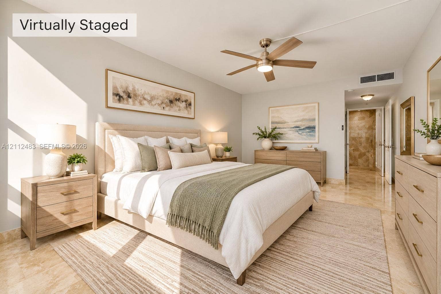 3505 S Ocean Drive, #1101, Hollywood, FL 33019 Polished stone flooring, brushed nickel ceiling fan with integrated lighting, and neutral-toned wall paint