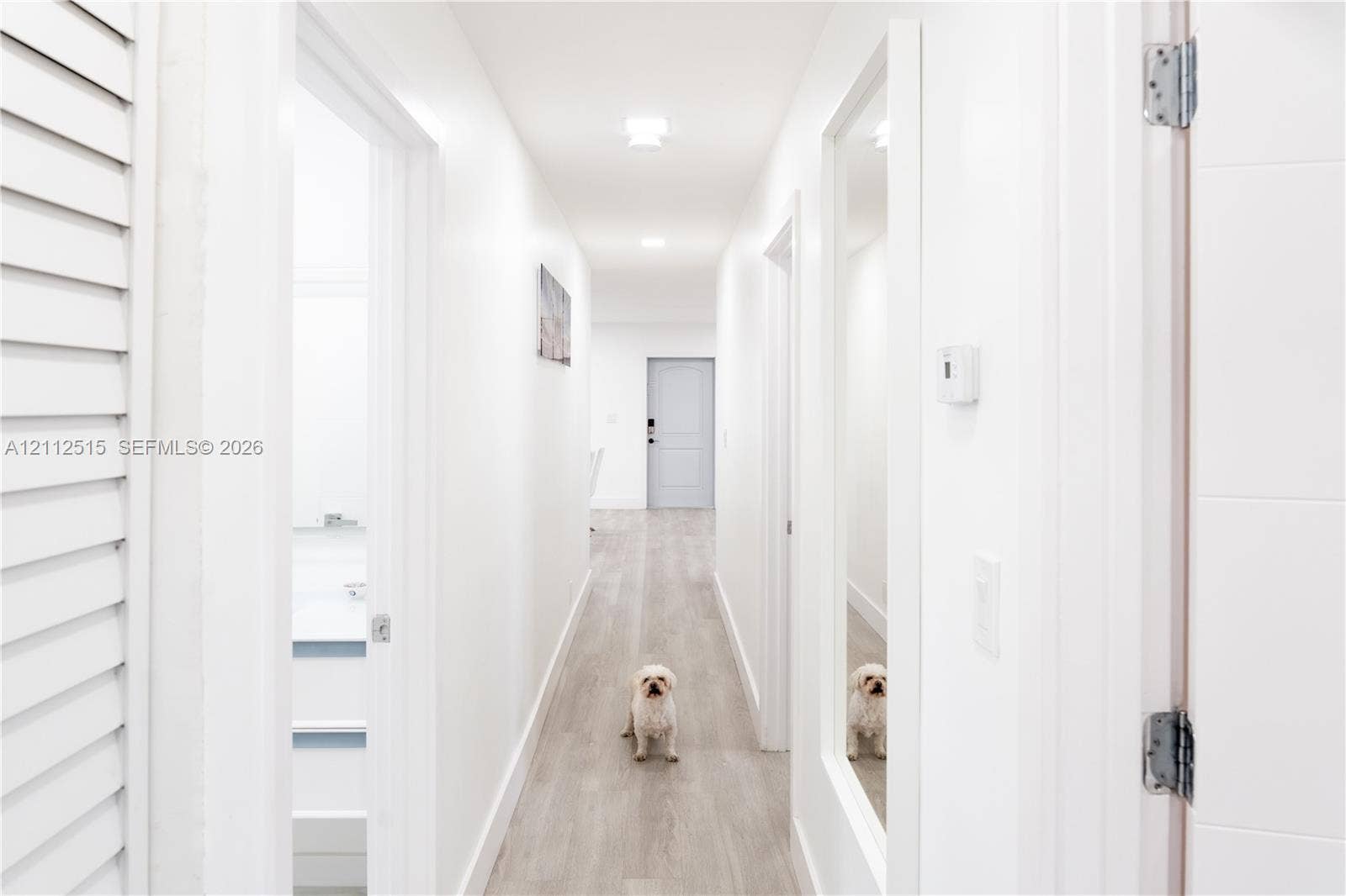 Hallandale Beach, FL 33009 Hallway featuring light-toned wood-finish flooring, crisp white walls, flush-mount ceiling lighting, and a full-length wall-mounted mirror