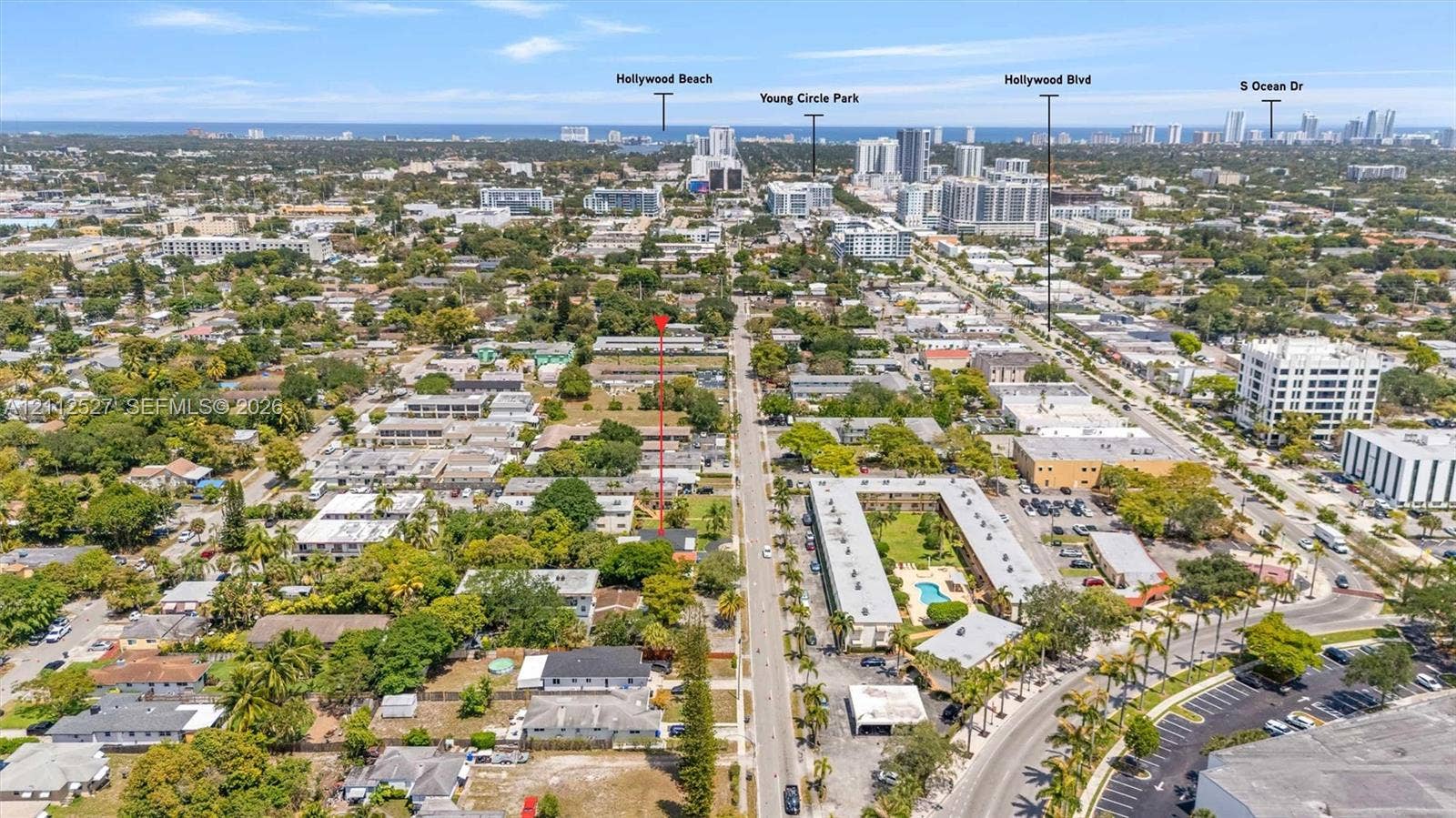 2517 Polk Street, Hollywood, Hollywood, FL 33020 Aerial perspective of urban location with proximity to Hollywood Beach, Young Circle Park, Hollywood Boulevard, and South Ocean Drive