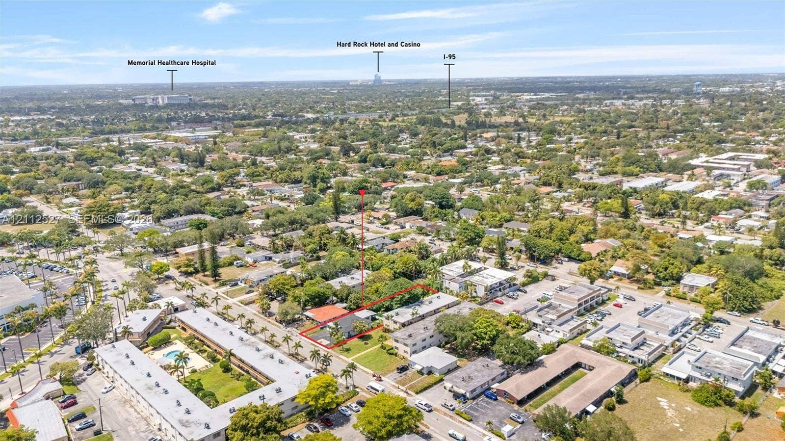 2517 Polk Street, Hollywood, Hollywood, FL 33020 Aerial view of property lot featuring mature landscaping and proximity to major regional thoroughfares and area institutions
