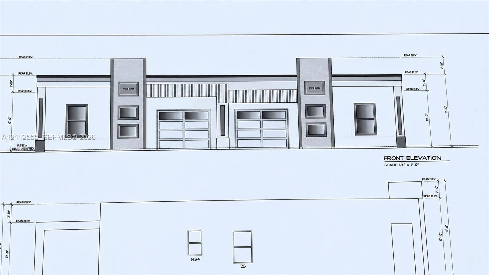 1105/1107 S Gilbert Avenue, Lehigh Acres, FL 33973 Architectural Blueprint. Depicting the front elevation and vertical measurements of the property