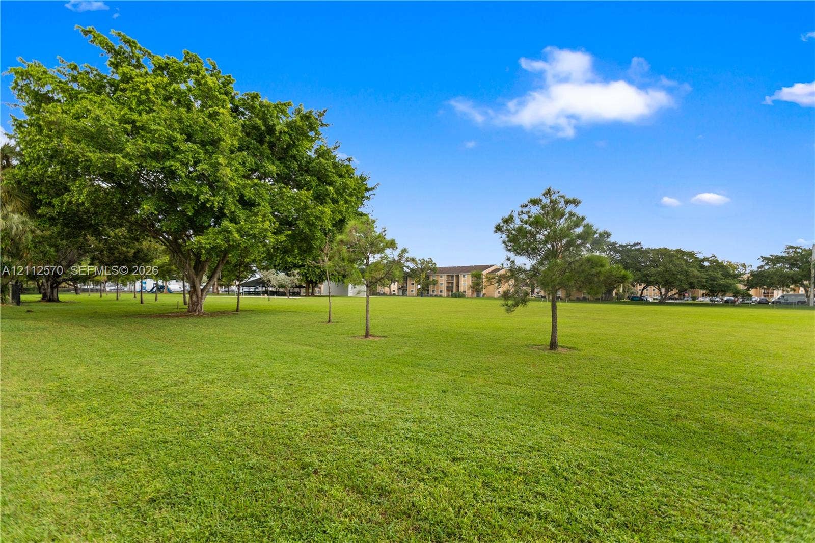 Expansive green lawn featuring mature shade trees