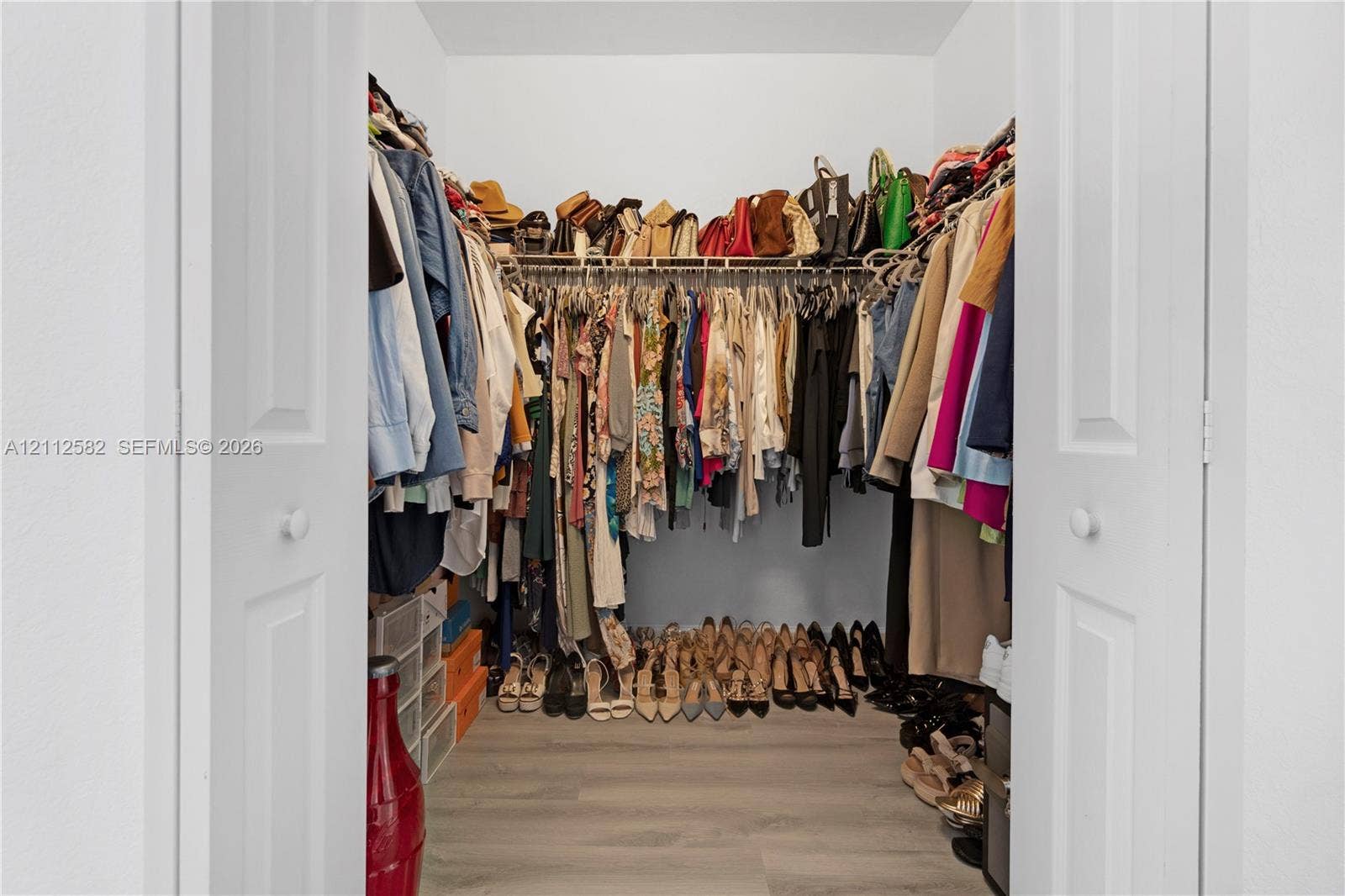 Walk-in closet featuring dual paneled doors and wood-finish flooring