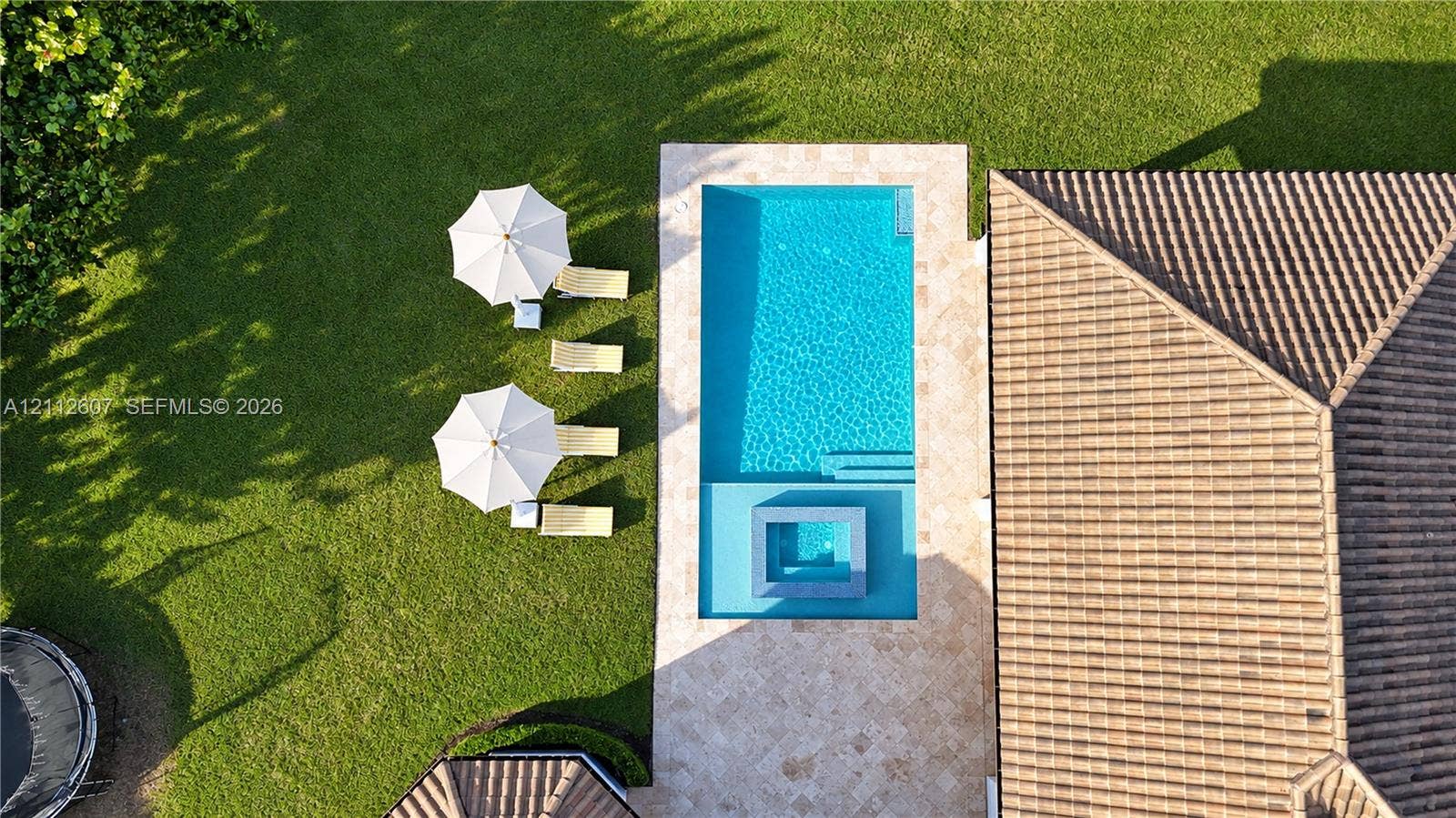 14443 S Jockey Circle S, Davie, FL 33330 Aerial perspective of a rectangular swimming pool with an integrated spa, featuring stone-finish decking, tile roofing, and a manicured lawn