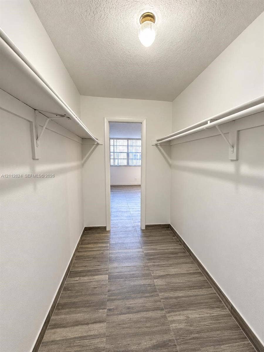 Walk-in closet featuring wood-finish tile flooring, dual-sided built-in shelving, and a ceiling-mounted light fixture