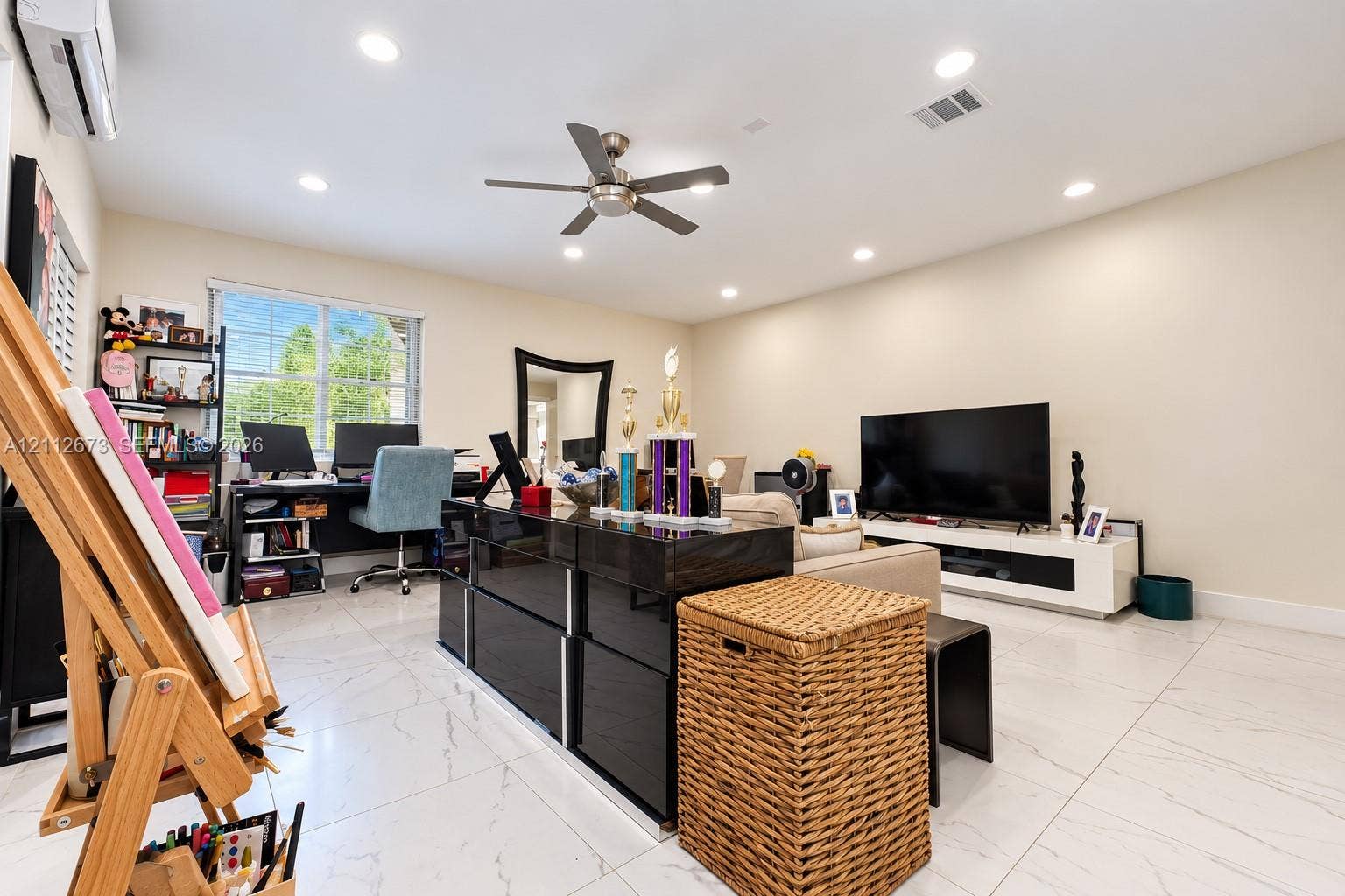 10225 SW 141st Court, #0, Miami, Miami, FL 33186 Spacious room featuring oversized large-format tile flooring, recessed lighting, a ceiling fan, and a wall-mounted ductless air conditioning unit