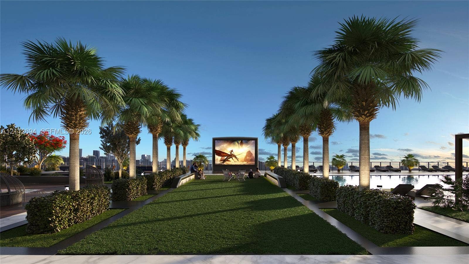 1170 E Hallandale Beach Boulevard, #503, Hallandale Beach, Hallandale Beach, FL 33009 Rooftop terrace featuring a large-format outdoor screen, landscaped lawn, rows of mature palm trees, and a swimming pool