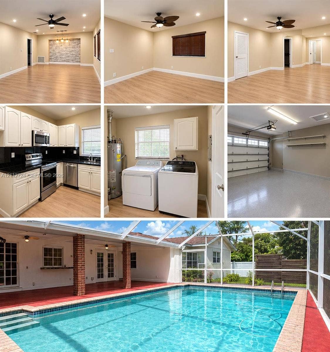 Property Listing Gallery. Visual representation of interior living areas, kitchen, laundry facility, garage, and exterior pool area of the property