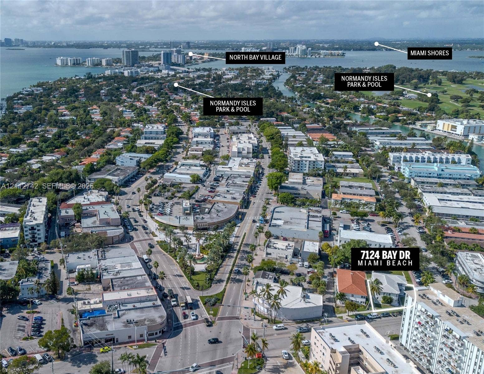 7124 Bay Drive, Miami Beach, FL 33141 Aerial perspective of the property at 7124 Bay Drive featuring proximity to North Bay Village, Miami Shores, and Normandy Isles Park