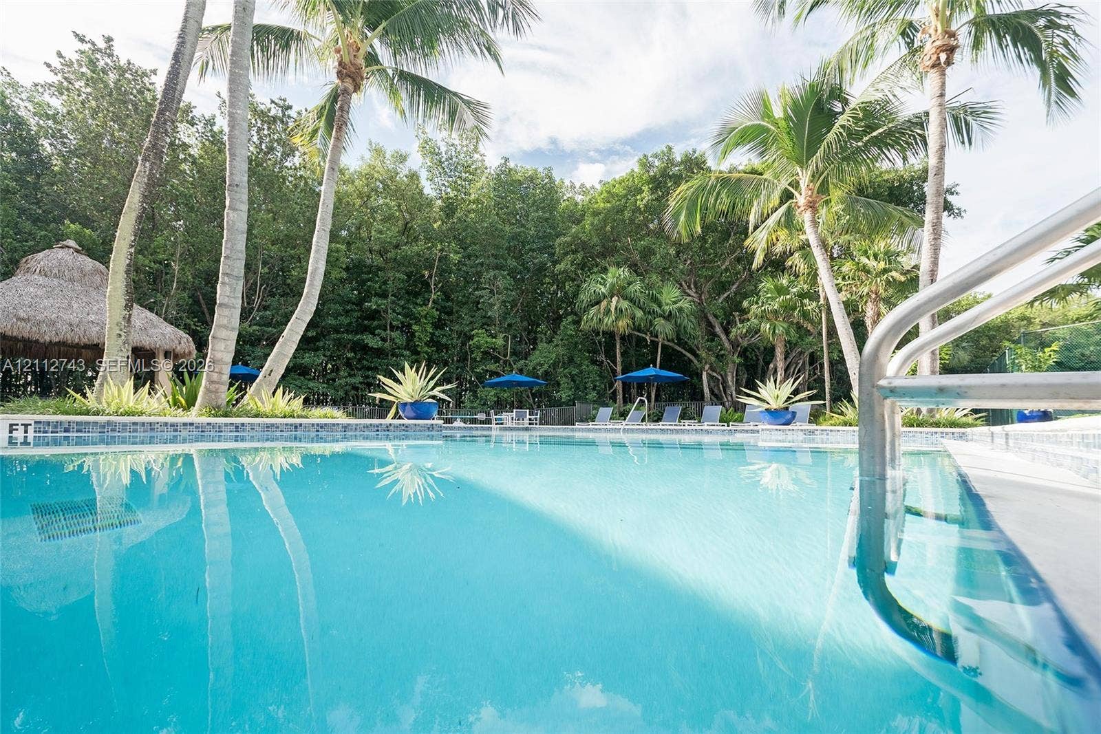 6157 Paradise Point Drive, Palmetto Bay, FL 33157 In-ground swimming pool featuring a tiled waterline, metal handrails, a thatched-roof cabana, and mature palm trees