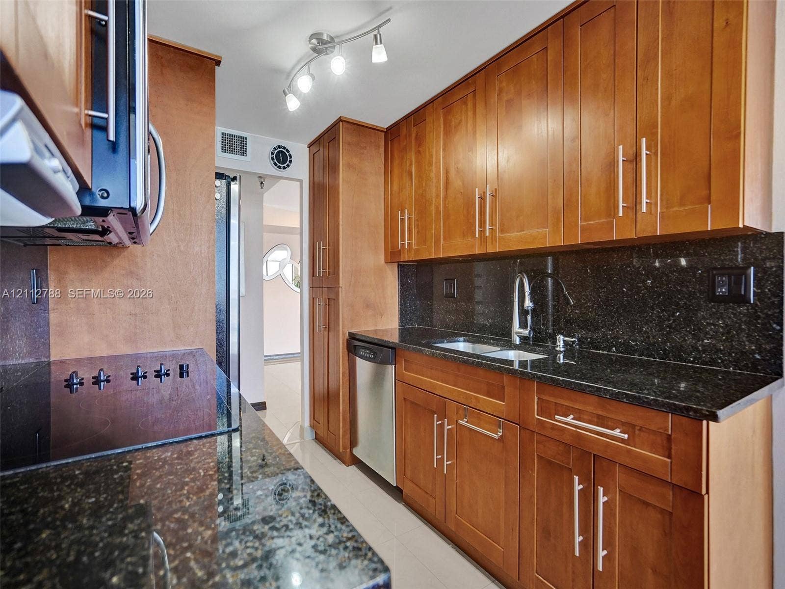 Kitchen featuring wood cabinetry, stone countertops, stainless steel dishwasher, stainless steel undermount sink with a gooseneck faucet, and track lighting