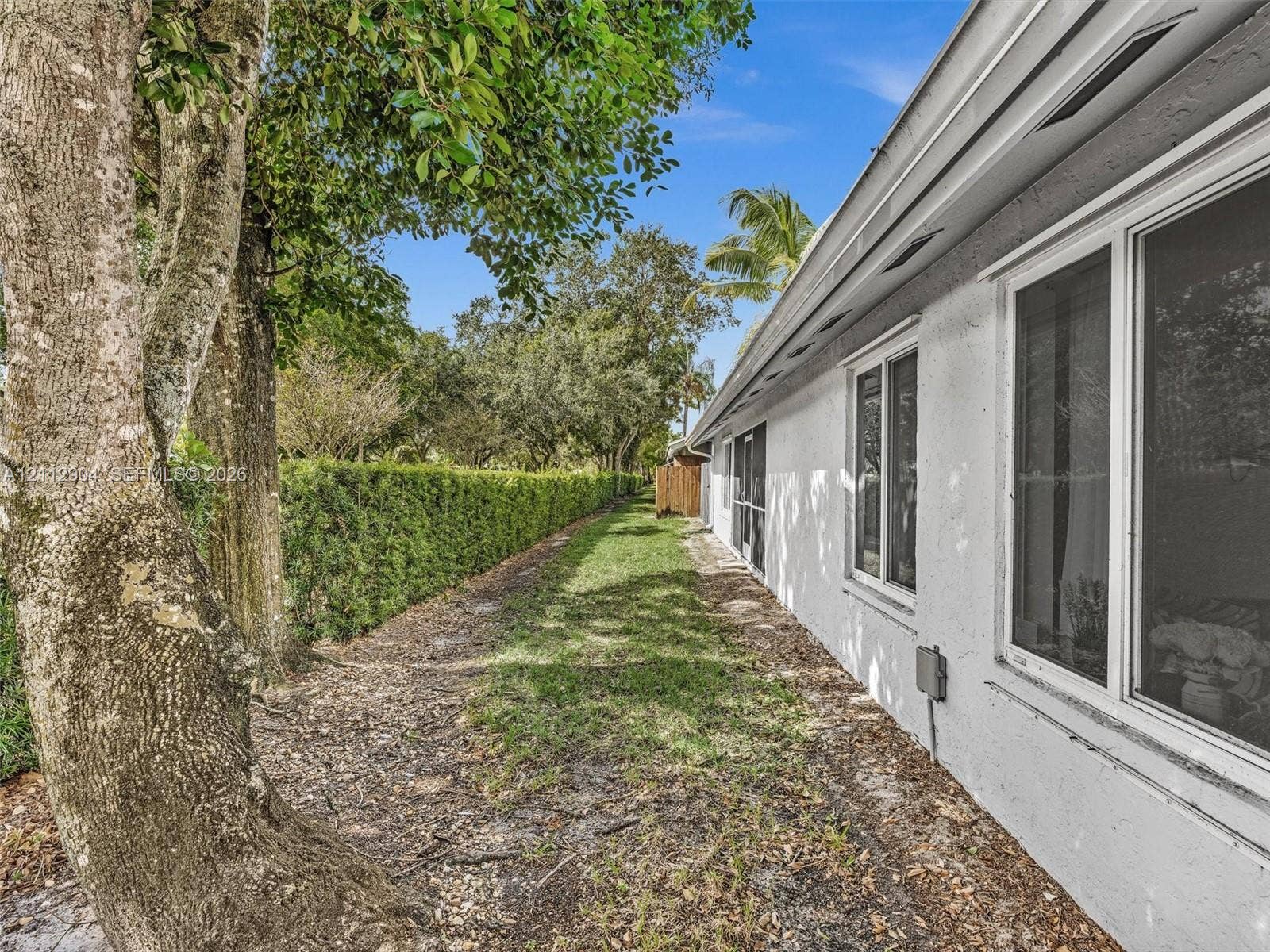76 Forest Circle, Cooper City, FL 33026 Stucco exterior wall with white finish, horizontal sliding windows, and a landscaped side yard featuring a mature tree and a privacy hedge