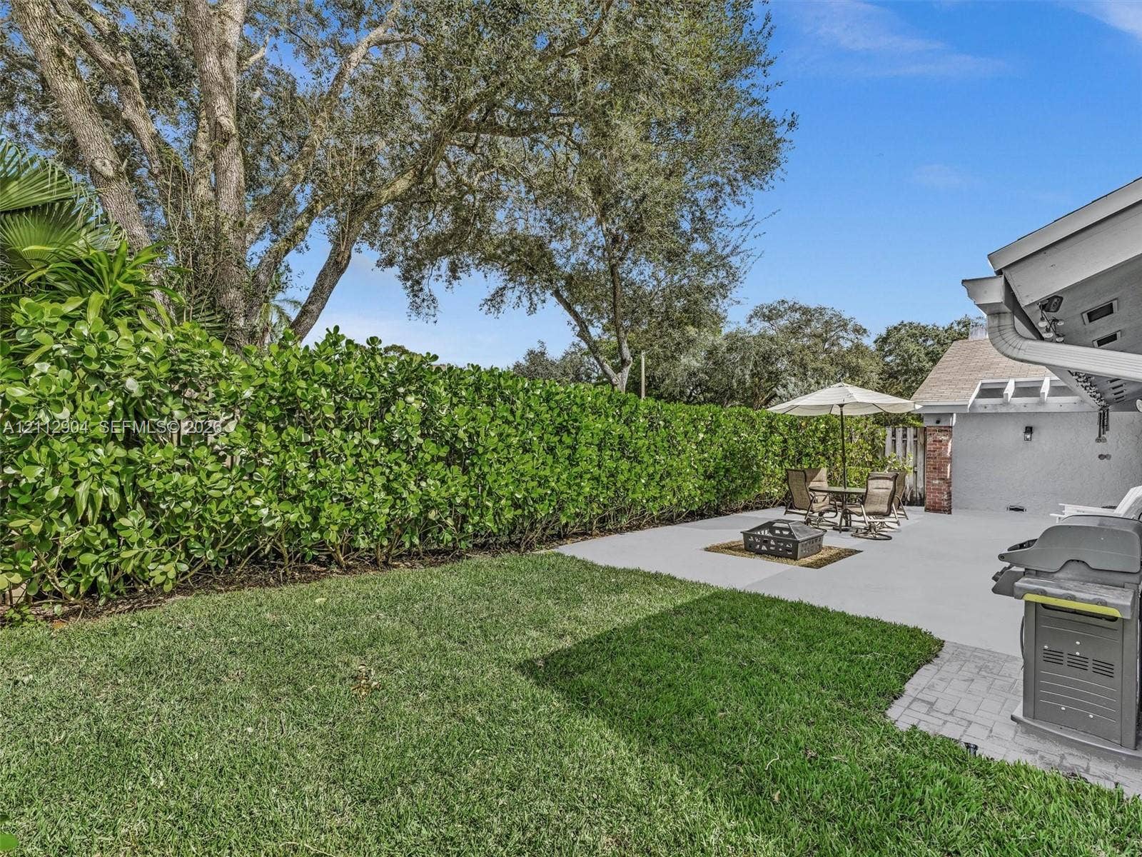 76 Forest Circle, Cooper City, FL 33026 Backyard featuring a paved patio, a grass lawn, and mature perimeter hedging