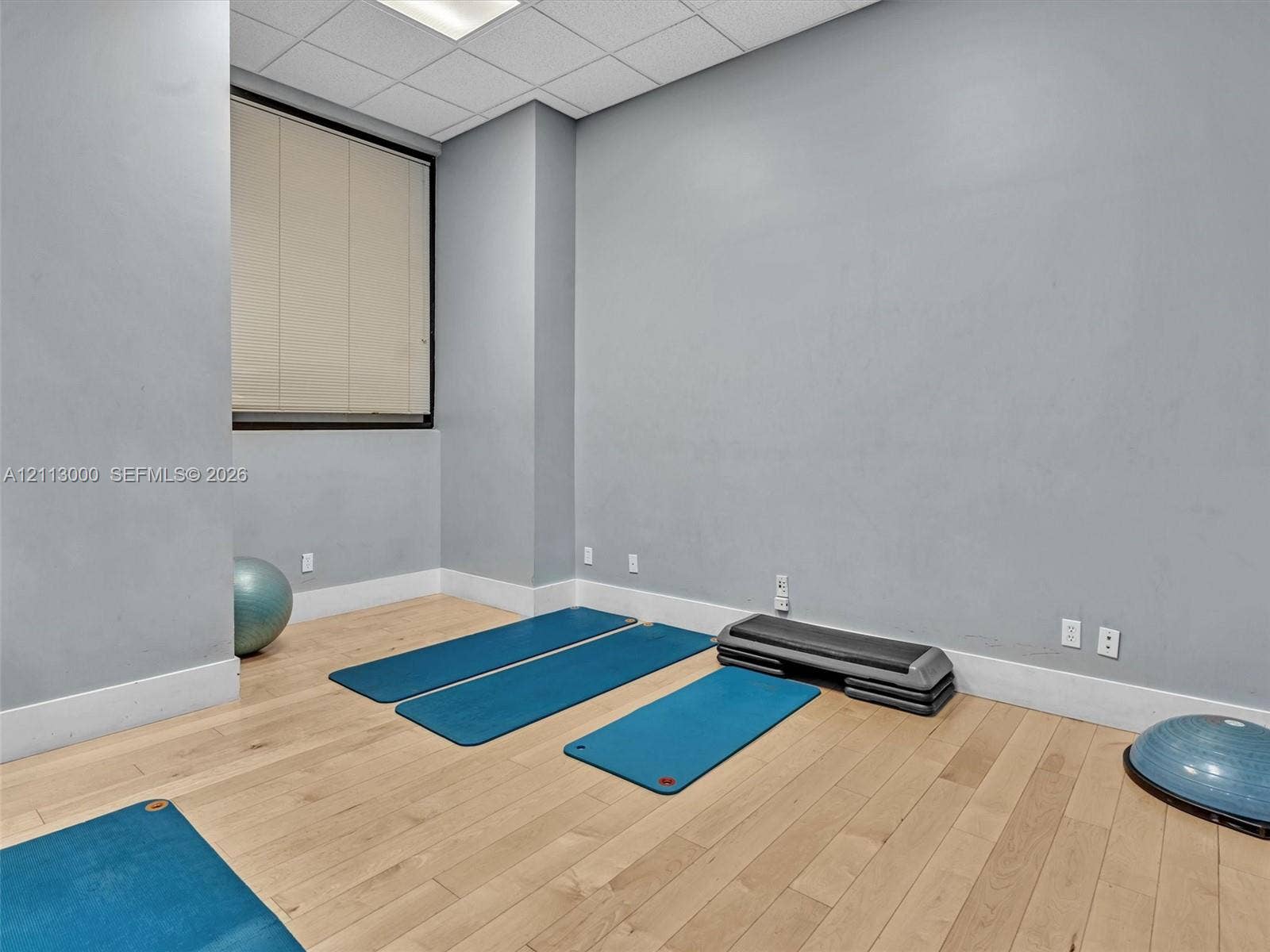 10860 La Salinas Circle, Boca Raton, FL 33428 Neutral-toned interior space featuring wood-finish flooring, drop ceiling panels, a large window with fitted blinds, and crisp wall-to-wall paint