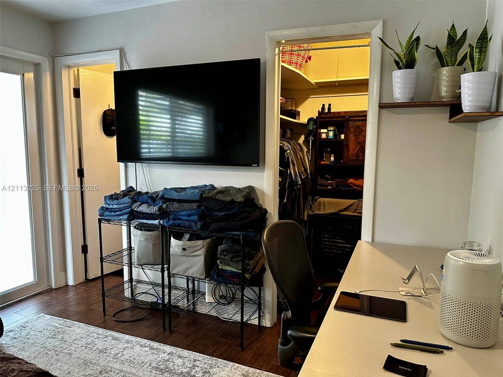 Wood-finish flooring, full-light glass door, and walk-in storage closet with built-in shelving
