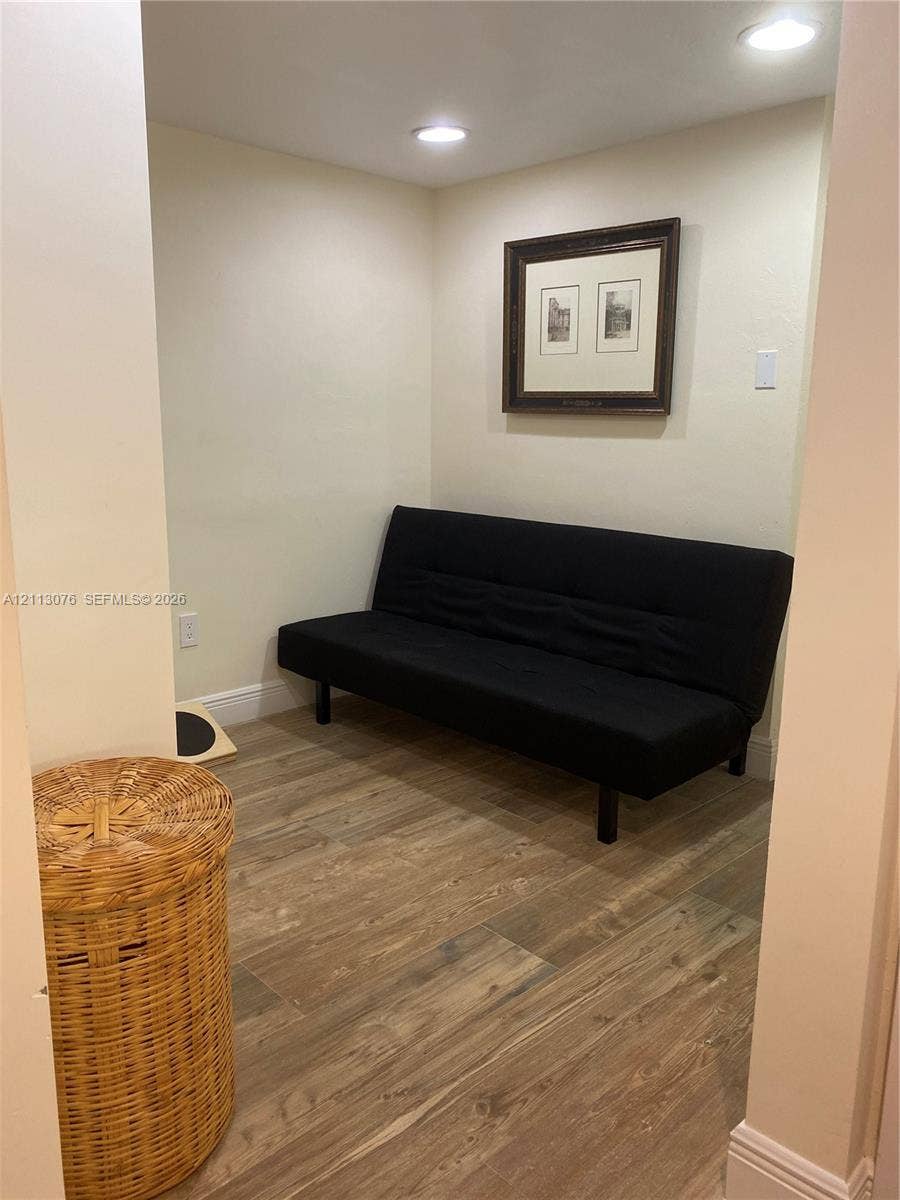Wood-finish flooring and recessed ceiling lighting