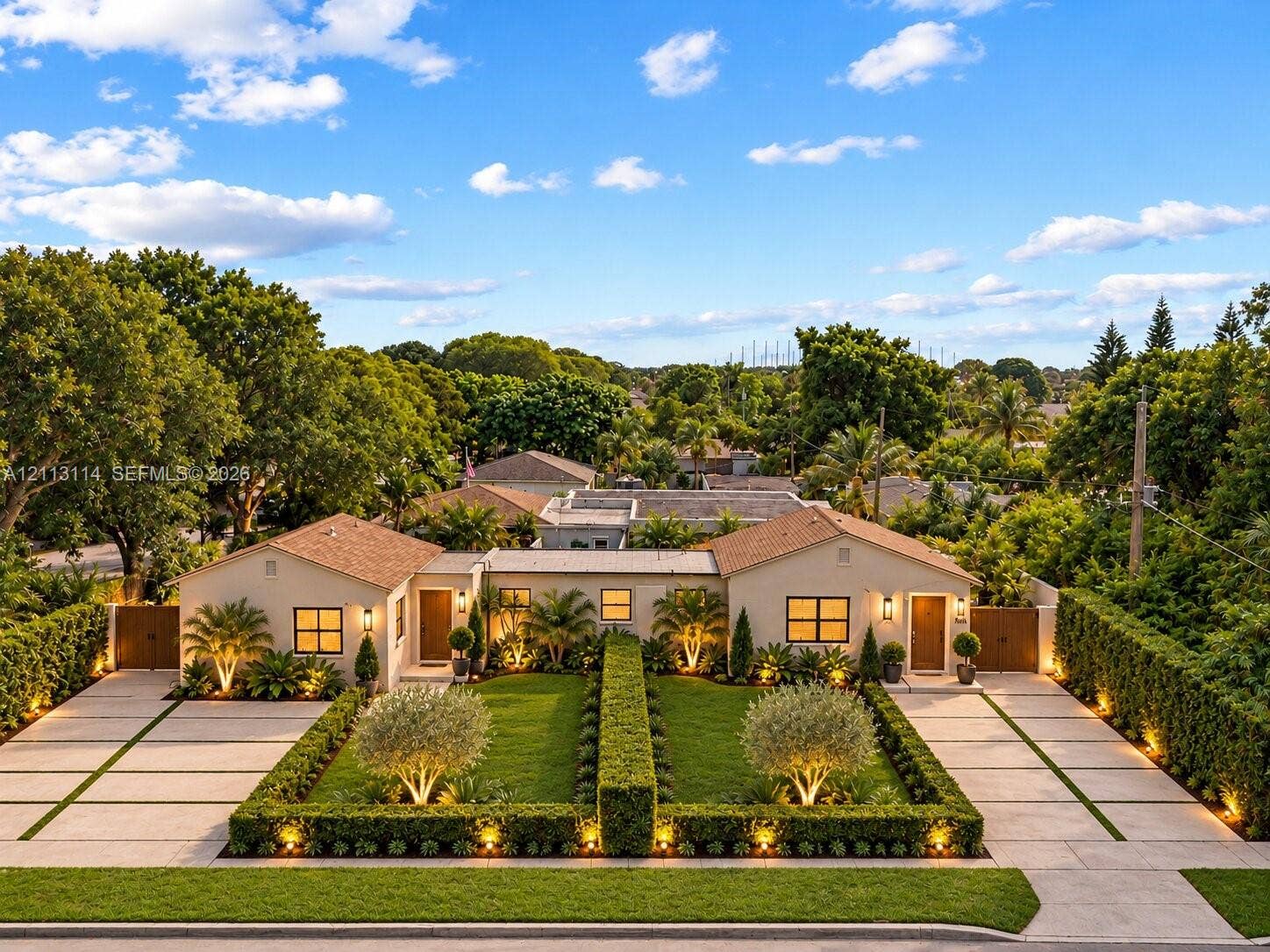 AI-generated photo of the exterior featuring dual concrete driveways, manicured lawn with structured hedging, and attached outdoor wall-mounted lighting