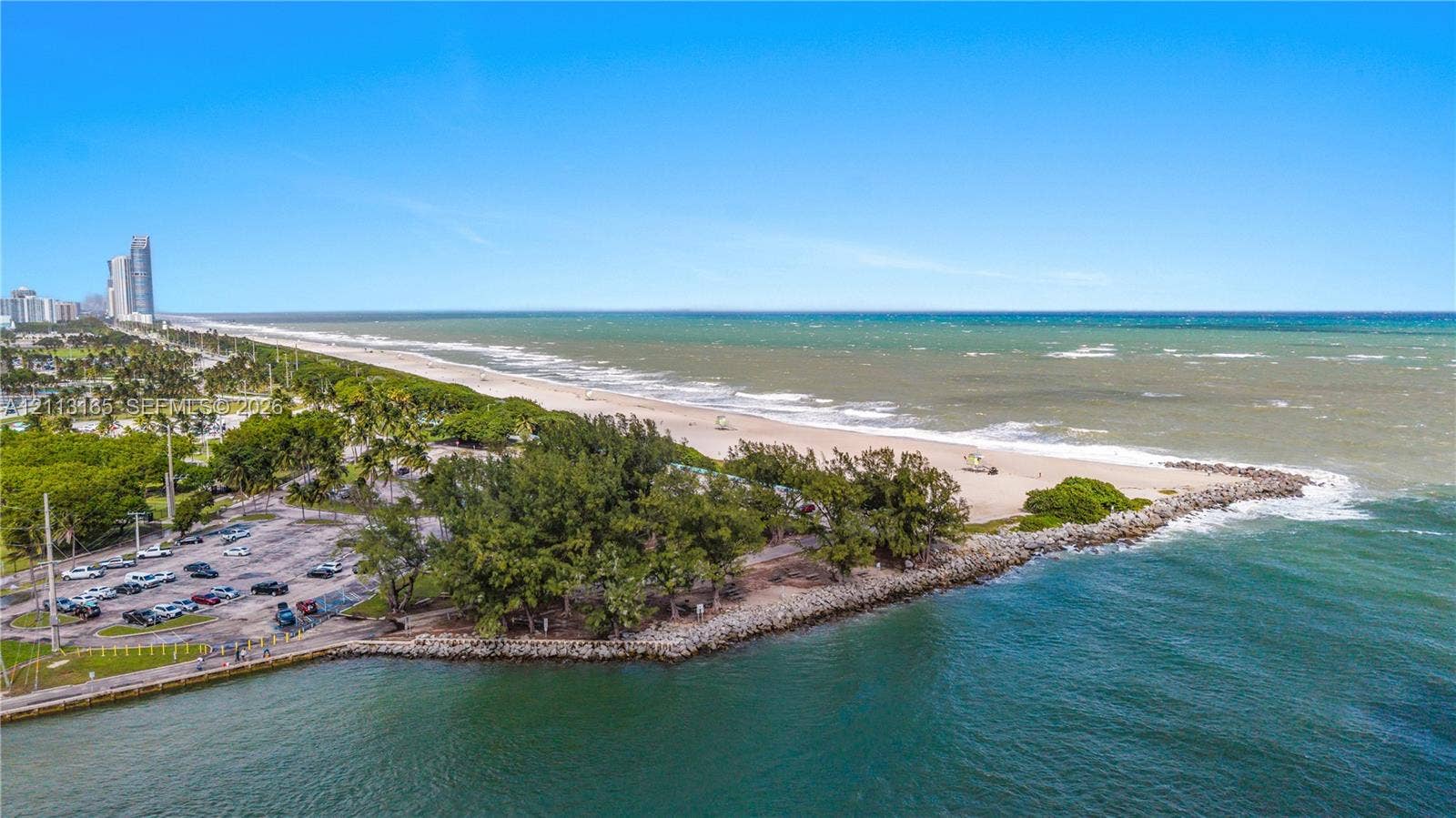 10275 Collins Avenue, #229, Bal Harbour, FL 33154 Coastal aerial perspective featuring an expansive sandy shoreline, ocean waterfront, and mature tree-lined landscape