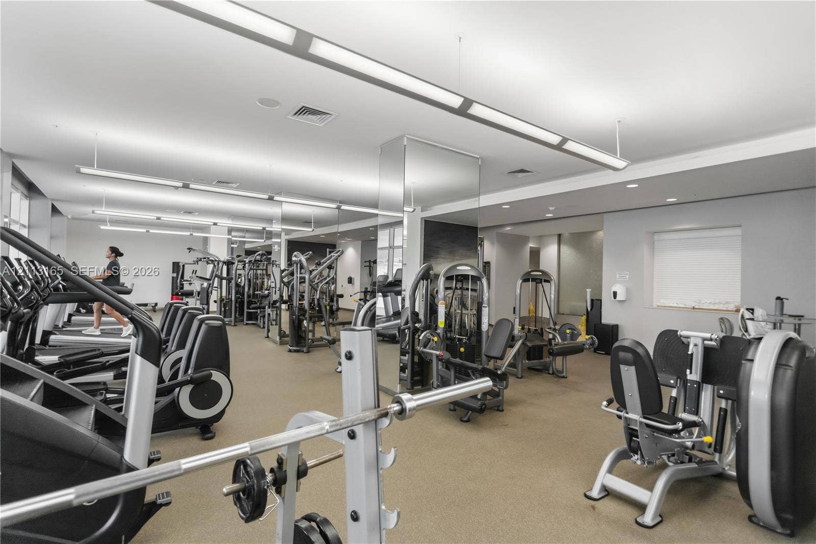 10275 Collins Avenue, #229, Bal Harbour, FL 33154 Fitness center featuring linear pendant lighting, expansive mirrors, wall-to-wall carpeting, and recessed ceiling lighting