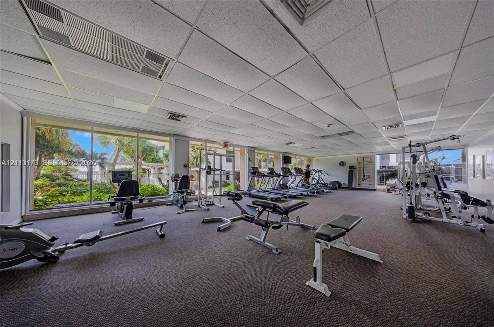 300 Bayview Drive, #1614, Sunny Isles Beach, FL 33160 Fitness room featuring expansive floor-to-ceiling windows, carpeting, and a drop ceiling