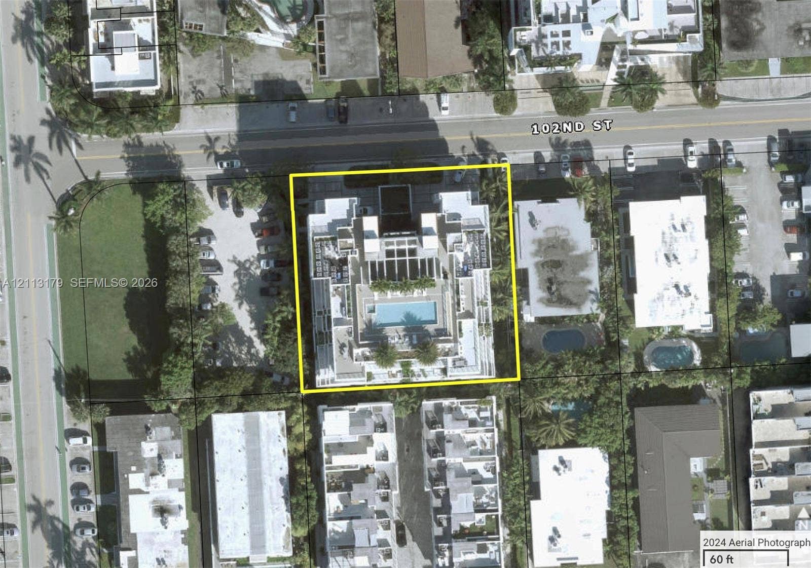 1150 102nd Street, #703, Bay Harbor Islands, FL 33154 Aerial Survey Map. Identifying the boundary lines and footprint of the property