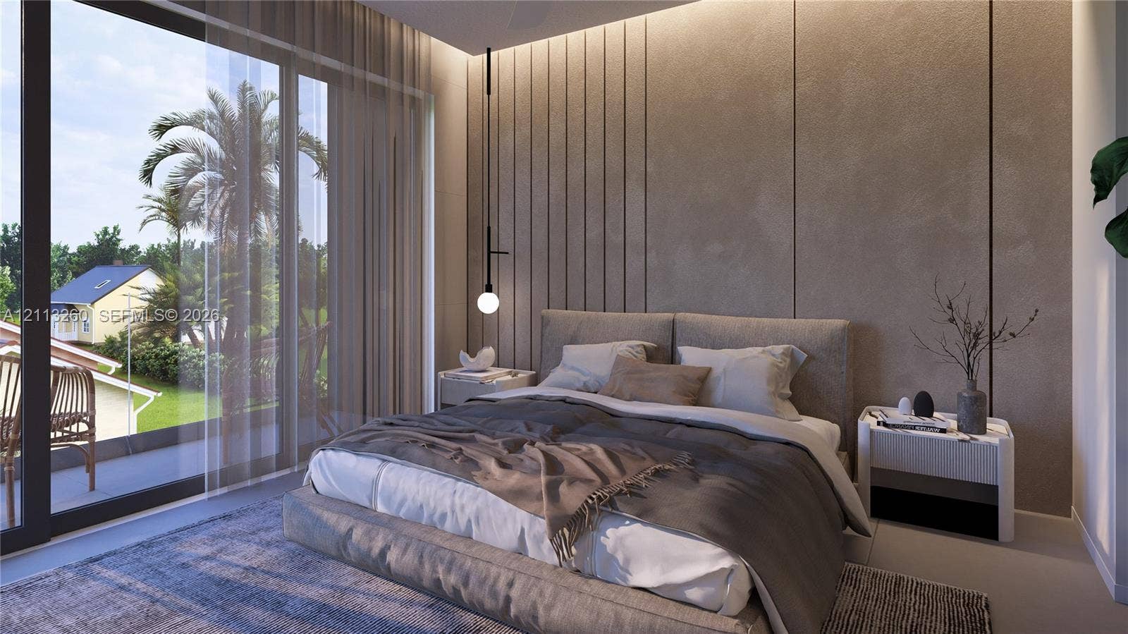 2928 SW 12th Street, Miami, FL 33135 Floor-to-ceiling glass sliding doors, textured accent wall with vertical inlay detail, matte black pendant lighting, and neutral-tone tile flooring