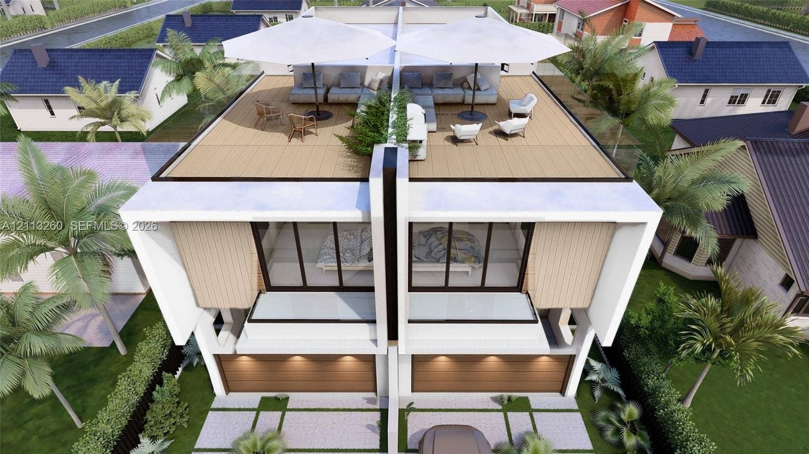 2928 SW 12th Street, Miami, FL 33135 Contemporary duplex exterior featuring a rooftop deck with wood-finish decking, glass panel railings, and dual-car garages with segmented doors