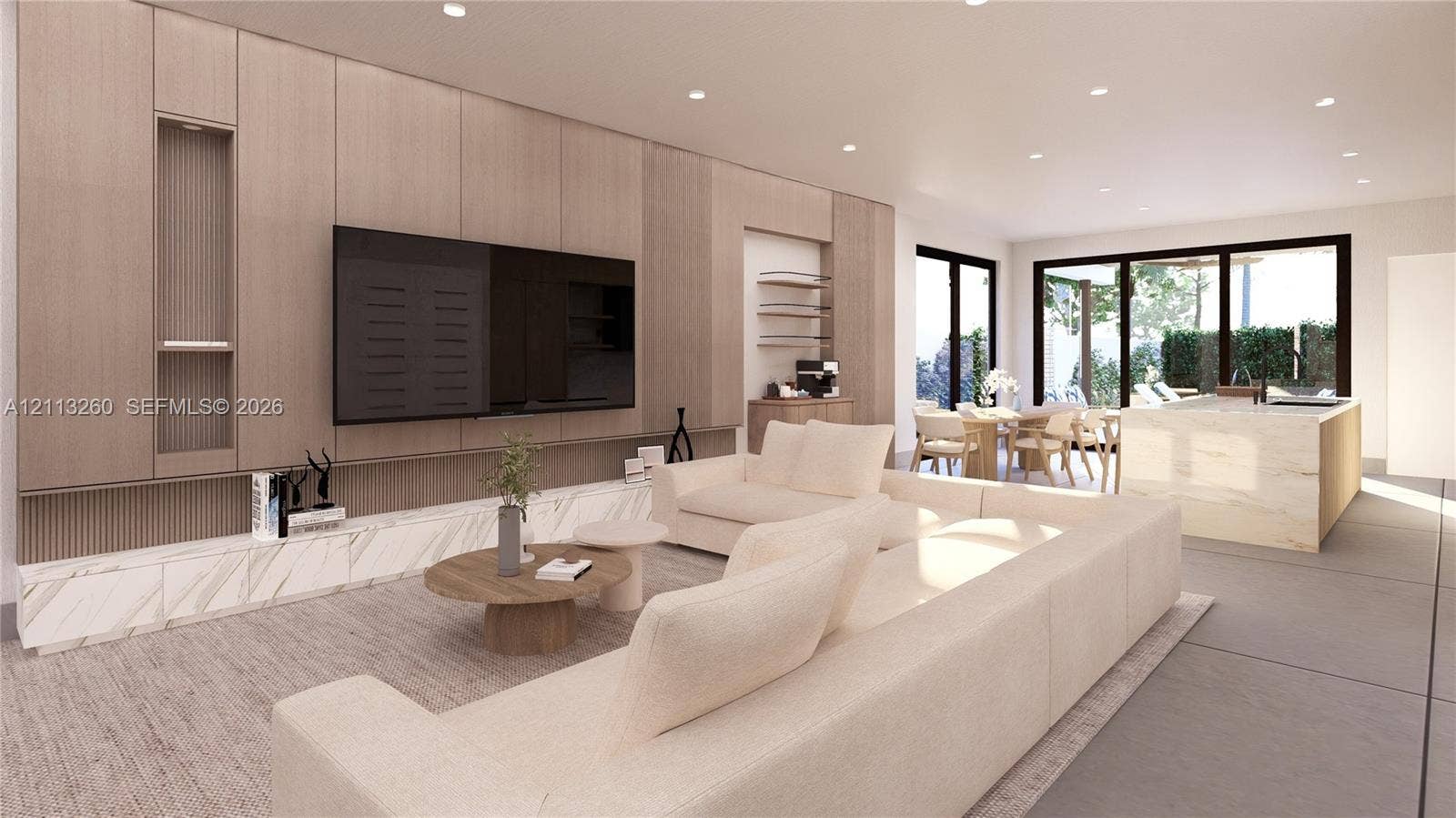 2928 SW 12th Street, Miami, FL 33135 Full-height wood-panel cabinetry with integrated shelving, stone-finish low-profile built-in media console, recessed ceiling lighting, and large-format tile flooring