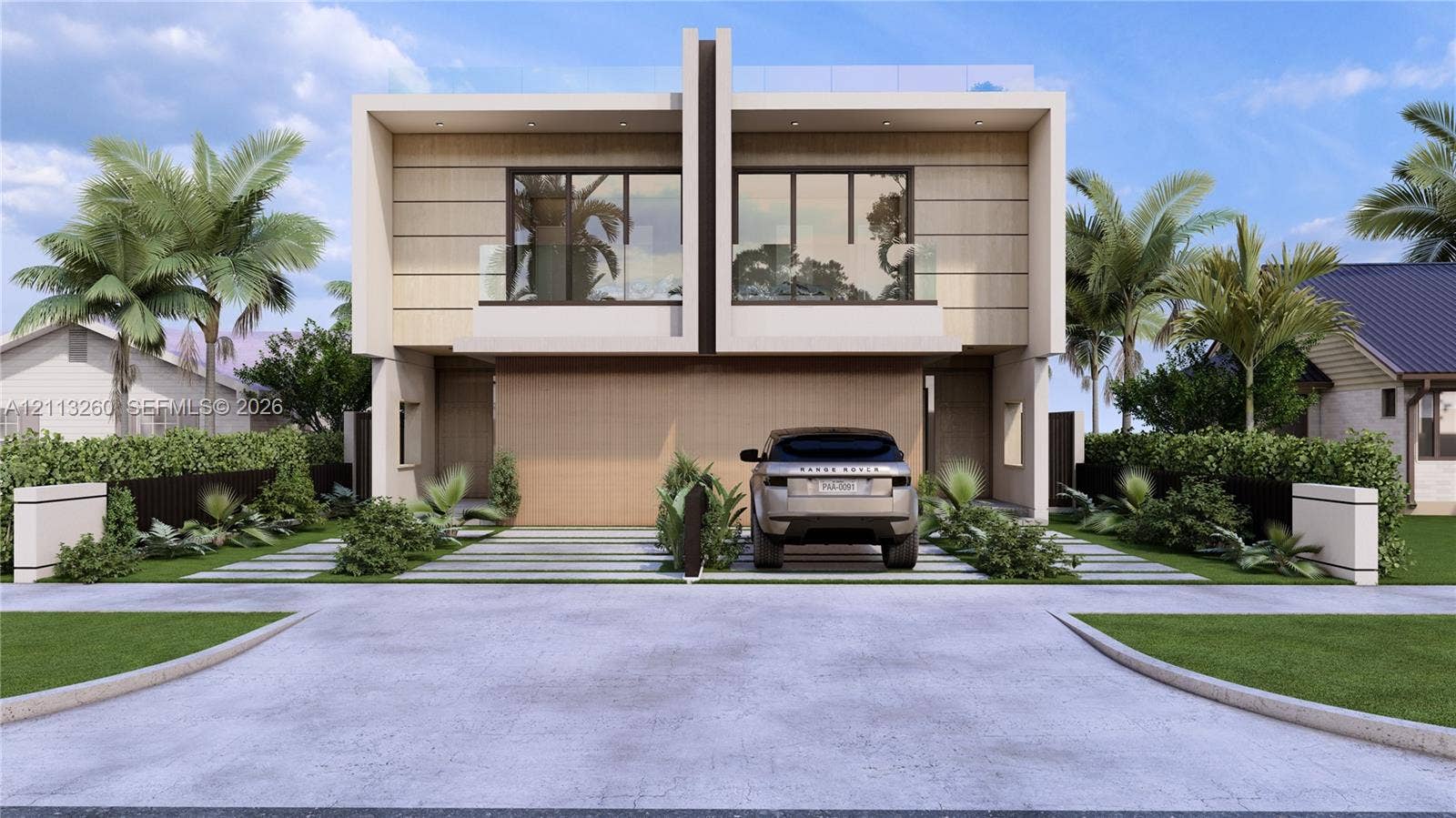 2928 SW 12th Street, Miami, FL 33135 Modern two-story architectural exterior featuring horizontal cladding, glass-panel balcony railings, floor-to-ceiling windows, and integrated concrete paver driveway