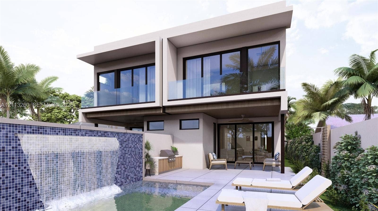 2928 SW 12th Street, Miami, FL 33135 Modern two-story architectural exterior featuring glass balcony railings, a private swimming pool with a tiled water feature, and a built-in outdoor kitchen station