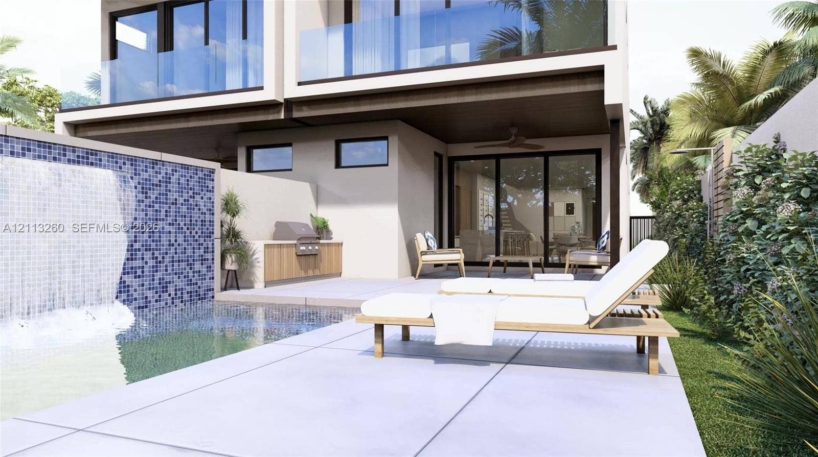 2928 SW 12th Street, Miami, FL 33135 Outdoor living area featuring a swimming pool with a mosaic tile water feature, built-in outdoor kitchen, concrete patio, glass-panel railings, and sliding glass doors