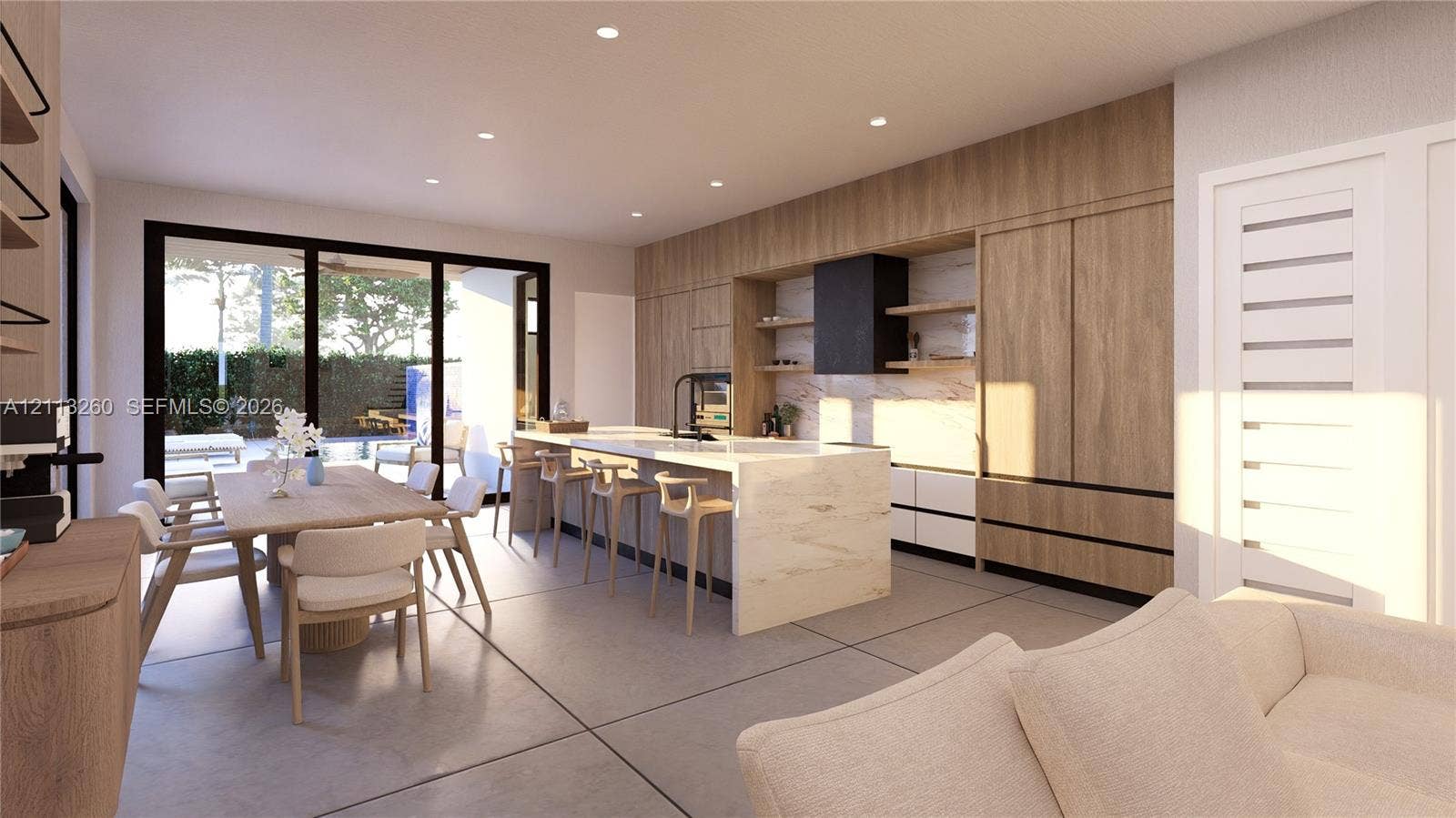 2928 SW 12th Street, Miami, FL 33135 Modern kitchen featuring floor-to-ceiling wood-finish cabinetry, a waterfall-edge stone island, built-in black vent hood, light-toned stone backsplash, and large-format tile flooring