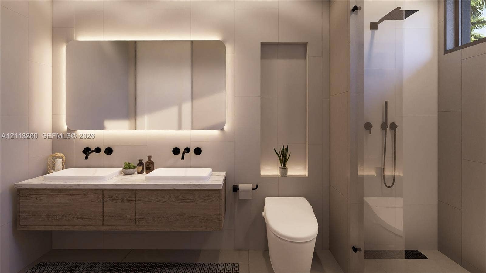 2928 SW 12th Street, Miami, FL 33135 Floating dual-sink vanity with matte black wall-mounted faucets, large LED-backlit mirror, recessed wall niche, and glass-enclosed shower with matte black rainfall showerhead