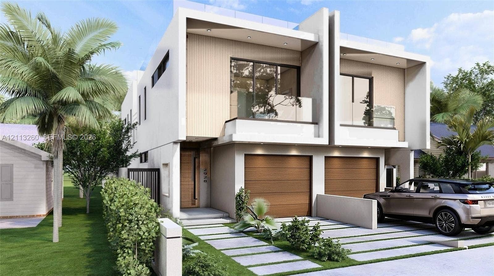 2928 SW 12th Street, Miami, FL 33135 Modern architectural exterior featuring a stucco facade, wood-panel siding, dual built-in garages, second-story balconies with glass railings, and linear paver driveway
