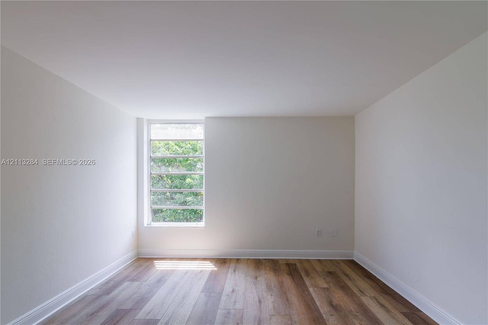 Room featuring wood-finish flooring, crisp neutral walls, and a multi-pane window