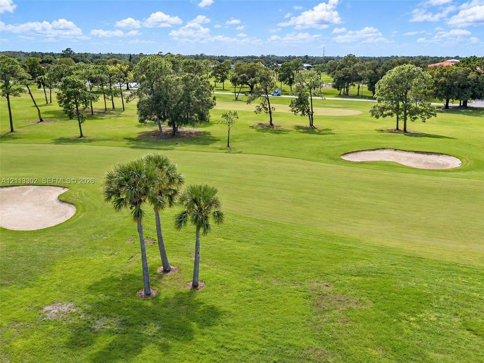 9450 Meadowood Drive, #202, Fort Pierce, FL 34951 Expansive grounds featuring manicured turf, sand bunkers, mature trees, and native palm trees