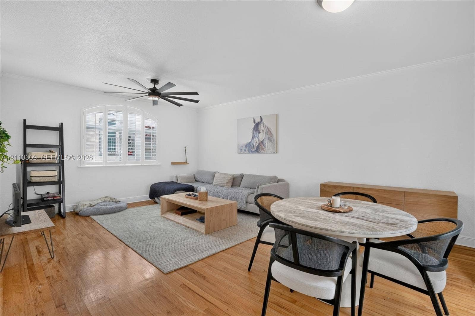 3082 Bird Avenue, #6, Miami, FL 33133 Wood-finish flooring, multi-pane arched window, and a multi-blade ceiling fan