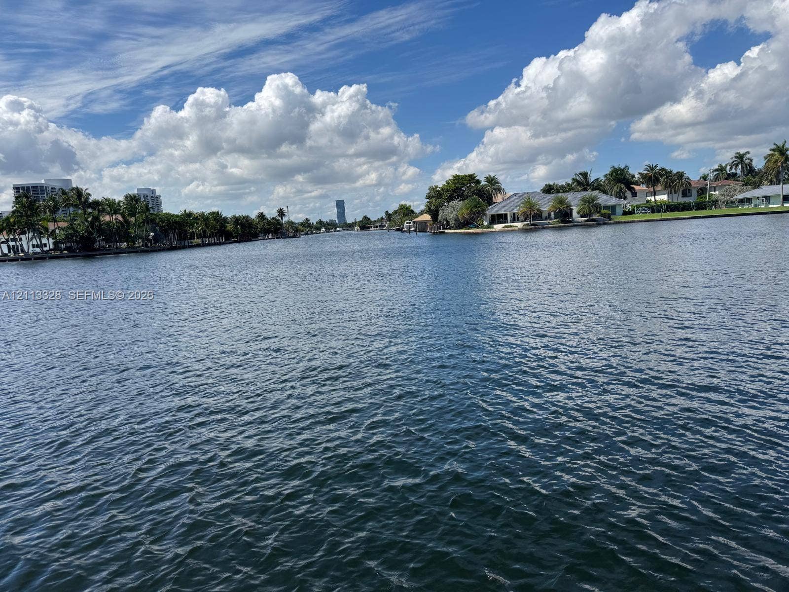 Hallandale Beach, FL 33009 Waterfront property featuring a wide canal, palm trees, and residential coastal landscape