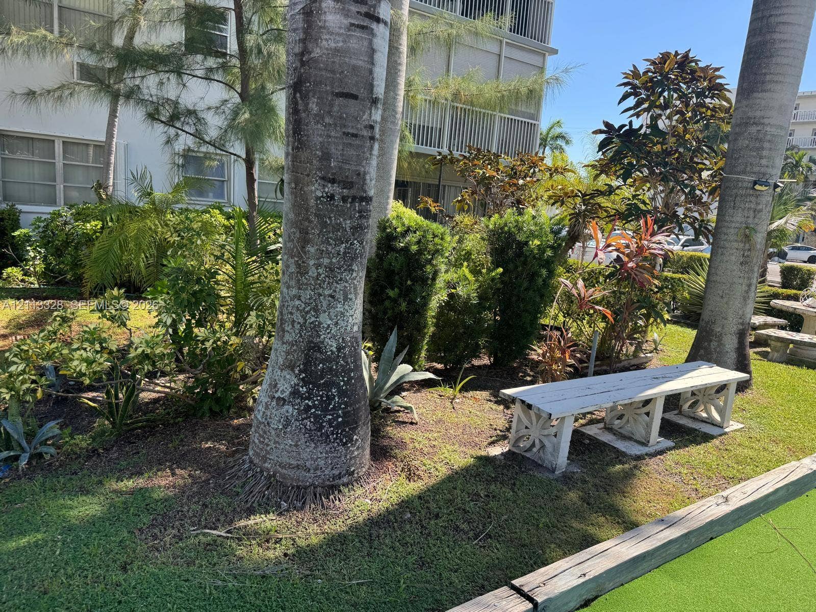 Hallandale Beach, FL 33009 Landscaped grounds featuring mature palm trees, manicured shrubbery, and decorative concrete benches